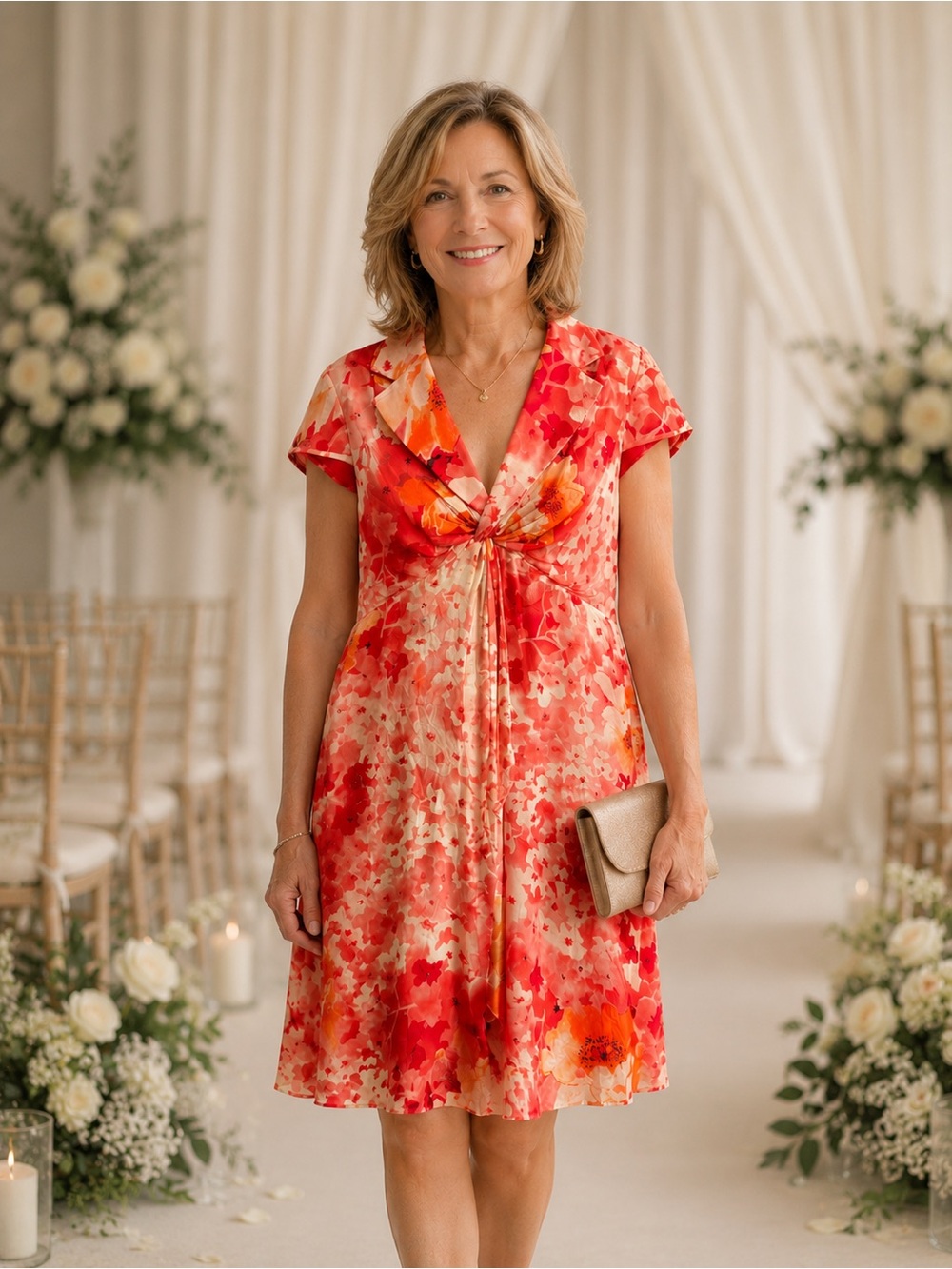 Adrianna Papell Silk Red and Orange Floral Midi Dress